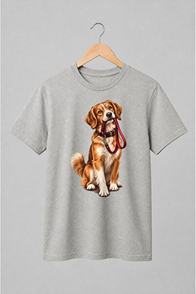 Generic Brand Tricou unisex cu Cățeluș cu lesă în gură ilustrație realistă