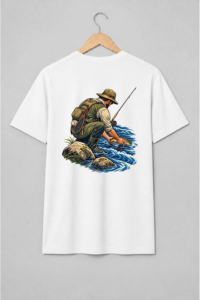 Generic Brand Tricou unisex cu Pescar cu păstrăv la râu stil outdoor