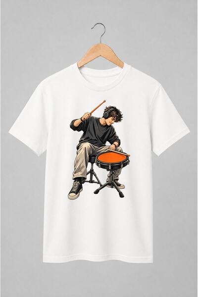 Generic Brand Tricou unisex cu Baterist cu căști și tobă ilustrație muzicală