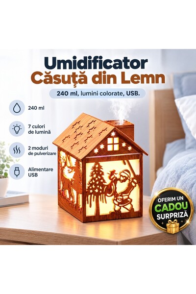 Zâna Casei Umidificator mini din lemn în formă de căsuță, 240 ml, lumini colo...