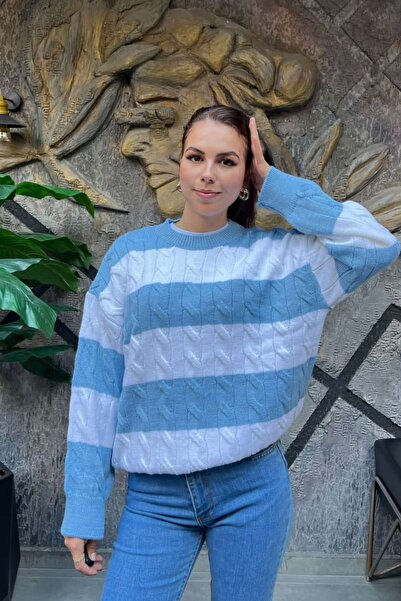 sunfyre Oversize Striped Crew Neck Hair Braided Knitwear Sweater Sun526