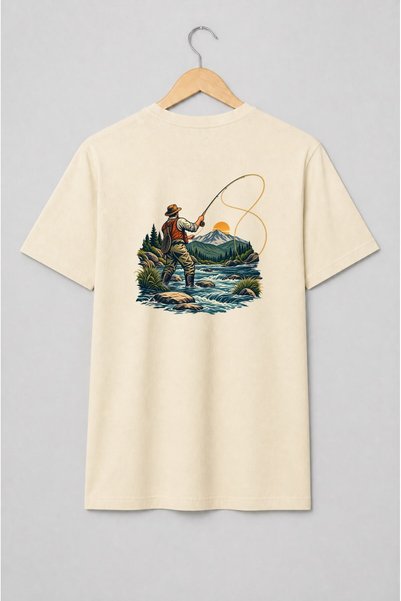 Generic Brand Tricou unisex cu Pescar la muscă în râu montan stil vintage