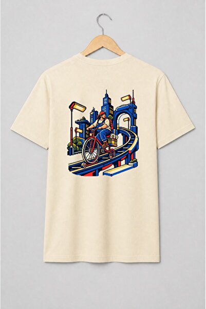 Generic Brand Tricou unisex cu Biciclist urban în stil pixel art