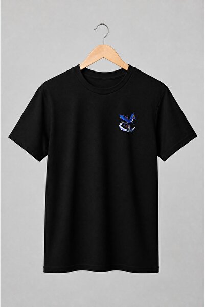 Generic Brand Tricou unisex cu Dragon albastru cu castel pixel art