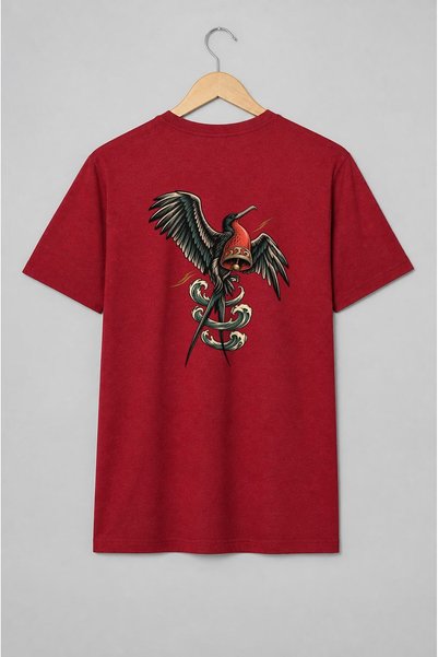 Generic Brand Tricou unisex cu Pasăre fregată cu clopot și valuri stil tatuaj