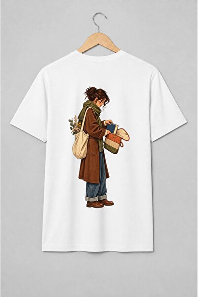 Generic Brand Tricou unisex cu Femeie cu carte și flori stil vintage