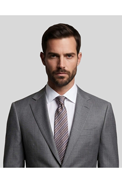 KUMOVO Brown Striped Gray Silk Tie – 7.5 cm Wide