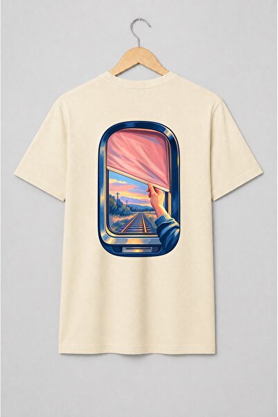 Generic Brand Tricou unisex cu Fereastră de tren cu șine la apus pentru călători