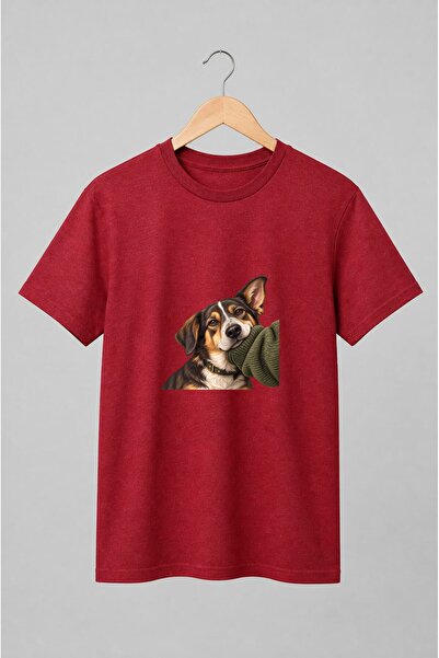 Generic Brand Tricou unisex cu Portret realist de câine tricolor cu fular