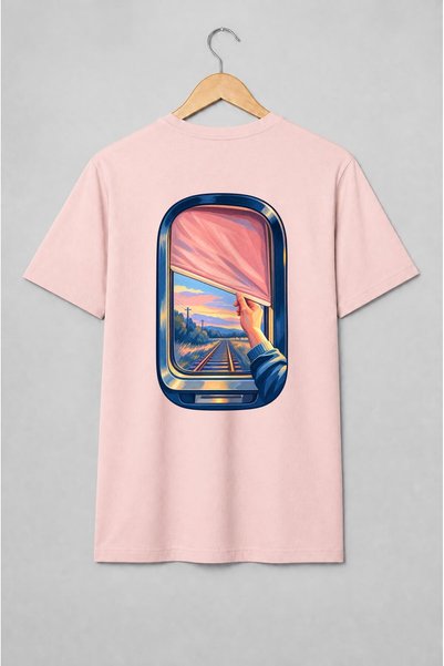 Generic Brand Tricou unisex cu Fereastră de tren cu șine la apus pentru călători