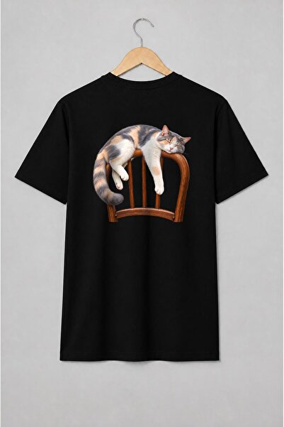 Generic Brand Tricou unisex cu Pisică tricoloră adormită pe scaun stil realist
