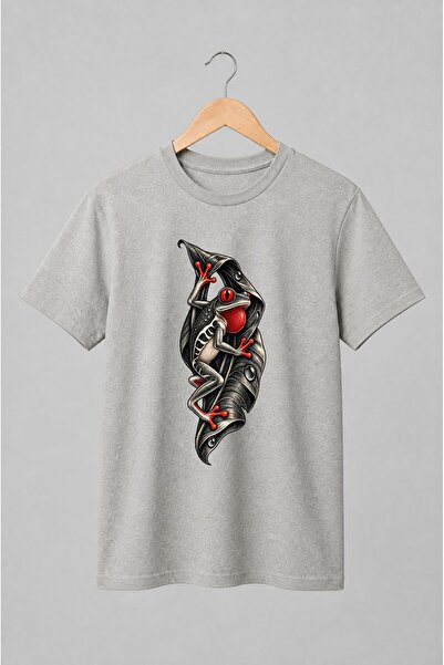 Generic Brand Tricou unisex cu Broască de copac pe frunză stil gravură