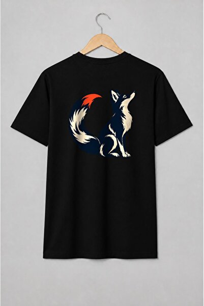 Generic Brand Tricou unisex cu Lup care urlă la lună cu simbolism cosmic