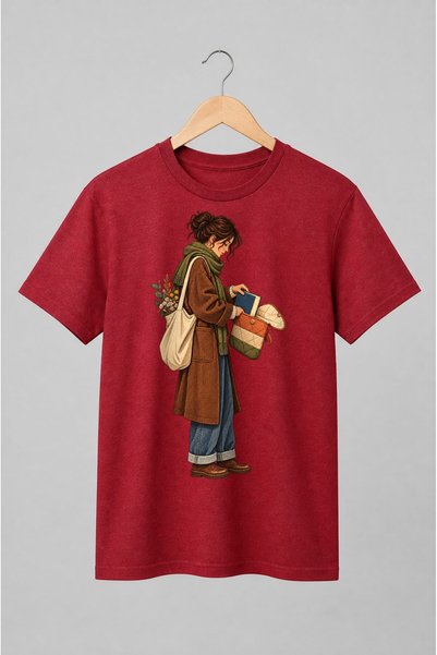 Generic Brand Tricou unisex cu Femeie cu carte și flori uscate stil cottagecore