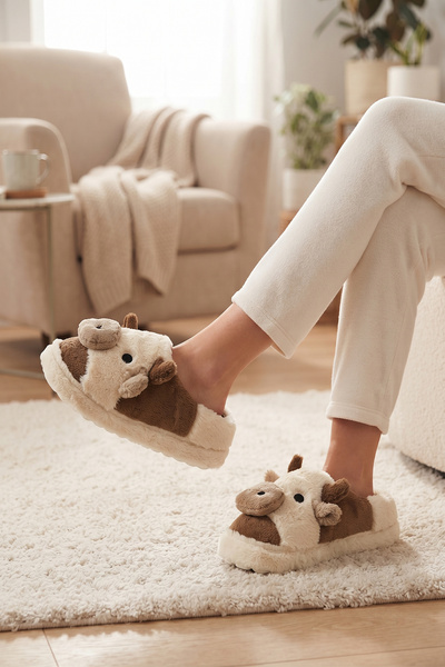 CEYDA SHOES Χειμερινές Παντόφλες Σπιτιού Unisex με Κεντημένη Φιγούρα Αγελάδας