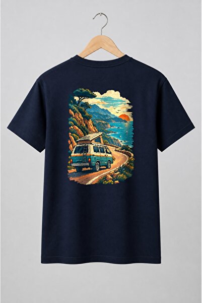 Generic Brand Tricou unisex cu Camper pe drum de coastă mediteraneană retro