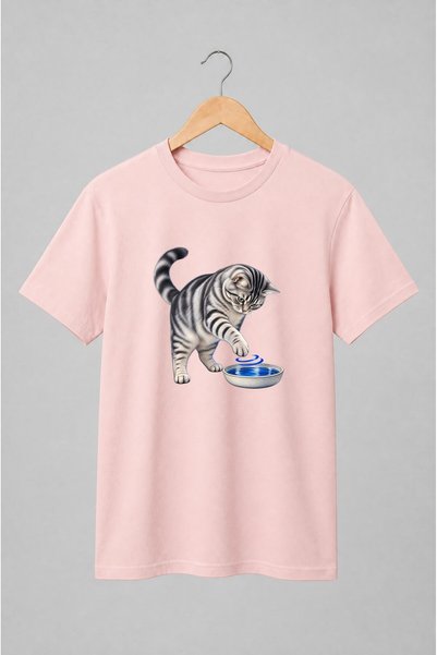 Generic Brand Tricou unisex cu Pisică tigrată cu bol cu apă pentru iubitorii ...