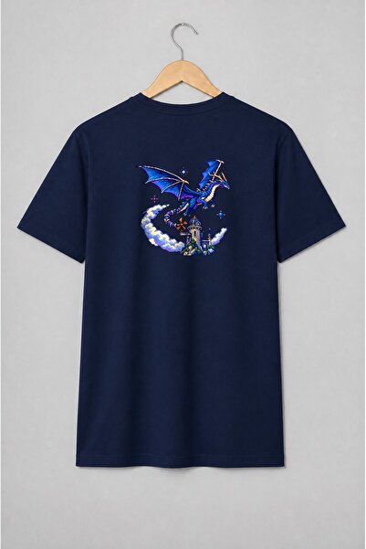 Generic Brand Tricou unisex cu Dragon albastru și castel medieval pixel art