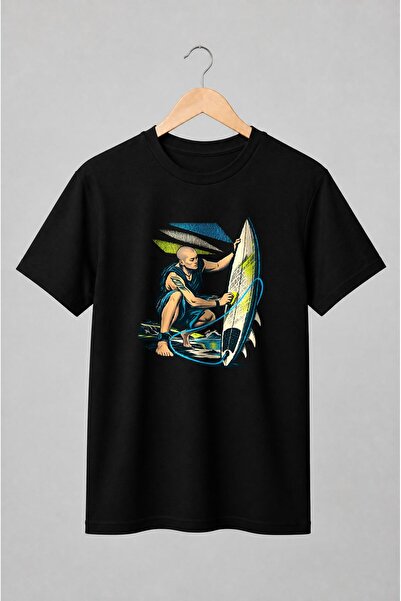 Generic Brand Tricou unisex cu Surfer cu placă de surf în stil retro