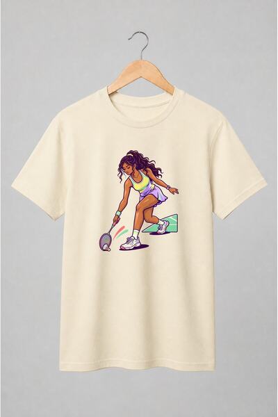 Generic Brand Tricou unisex cu Jucătoare de badminton în mișcare stil retro