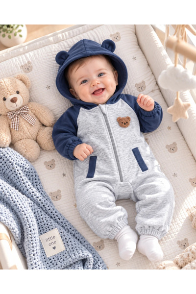 hümabebe Ayıcık punch detay boydan fermuarlı kapüşonlu şardonlu kışlık bebe t...