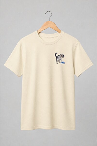 Generic Brand Tricou unisex cu Pisică gri tigrată cu bol de apă pentru iubito...