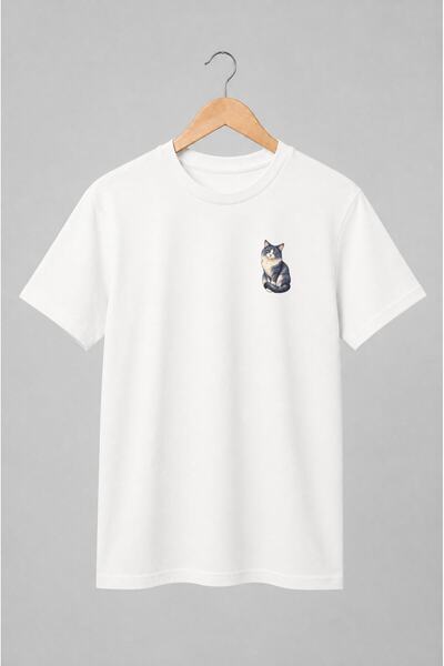 Generic Brand Tricou unisex cu Pisică gri pufoasă cu ochi albastru