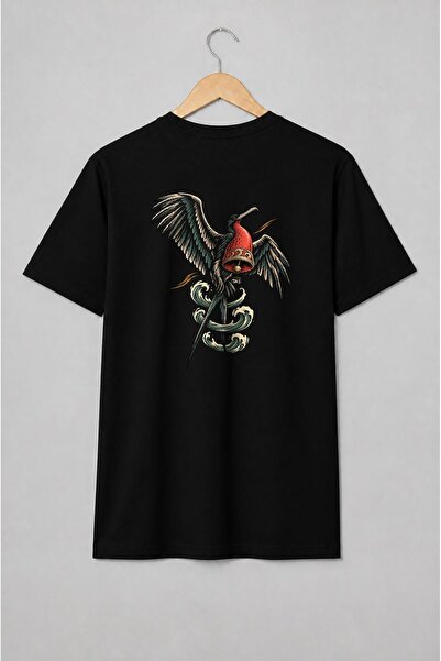 Generic Brand Tricou unisex cu Pasăre fregată cu clopot și valuri stil tatuaj