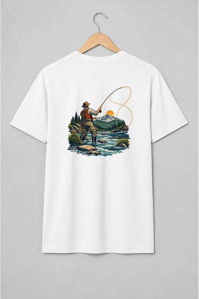 Generic Brand Tricou unisex cu Pescar la muscă în râu montan stil vintage