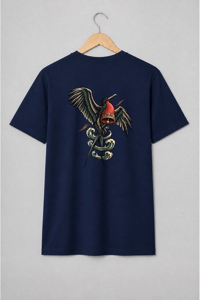 Generic Brand Tricou unisex cu Pasăre fregată cu clopot și valuri stil tatuaj