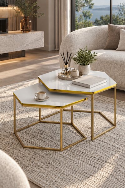SuloraHome Altıgen İkili Orta Sehpa Seti Beyaz ve Sarı Gold