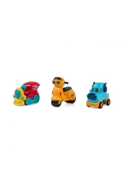 MomKi SET 3 VEHICULE ACTIONATE PRIN INERTIE- MASINUTA ALBASTRA, TREN ROSU, SC...