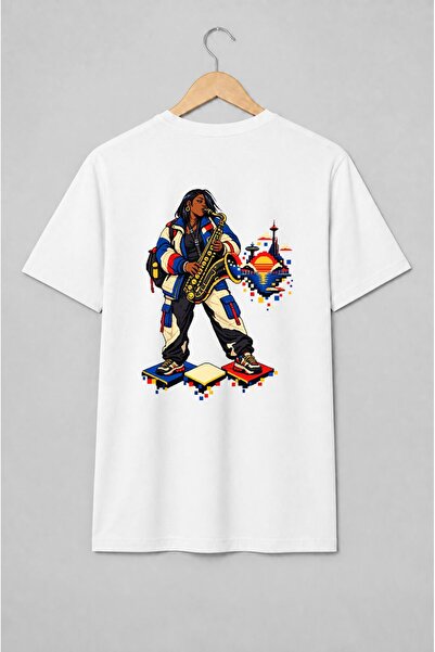 Generic Brand Tricou unisex cu Saxofonistă pixel art
