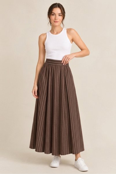 Generic Brand Long Back Waist Elastic Pocketed Striped Skirt