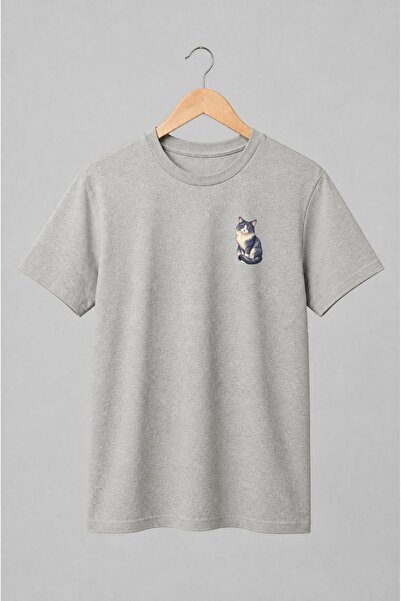 Generic Brand Tricou unisex cu Pisică gri pufoasă cu ochi albastru