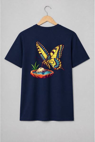 Generic Brand Tricou unisex cu Fluture colorat lângă iaz cu plantă ilustrație...