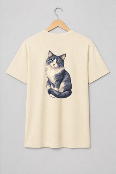 Generic Brand Tricou unisex cu Pisică gri pufoasă cu ochi albastru stil pictural