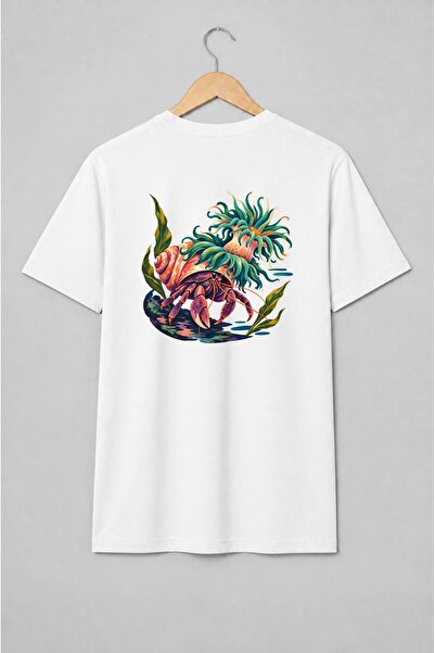 Generic Brand Tricou unisex cu Crab pustnic cu anemone marine stil ilustrat