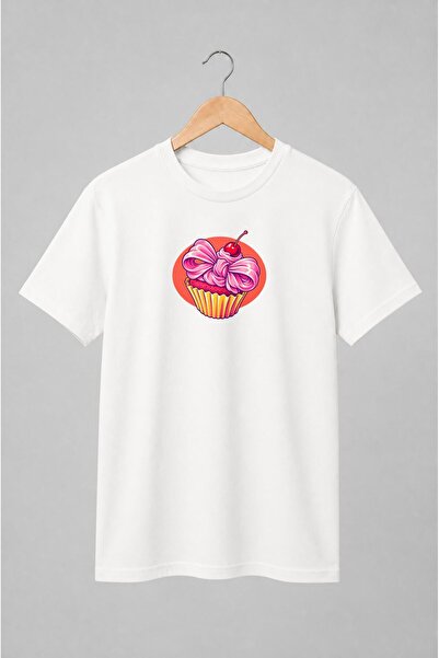 Generic Brand Tricou unisex cu Cupcake cu cremă și cireașă în stil retro