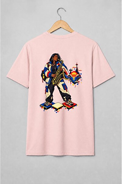 Generic Brand Tricou unisex cu Saxofonistă pixel art