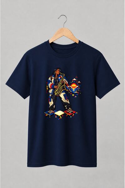 Generic Brand Tricou unisex cu Saxofonistă în stil pixel art