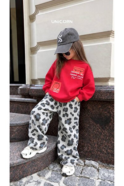 Kız Çocuk Kırmızı Pamuklu Sweatshirt Gri Leopar Baskılı Eşofman Alt Üst Takım