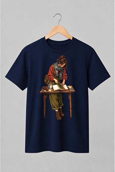 Generic Brand Tricou unisex cu Femeie cu jurnal și frunză de ferigă vintage