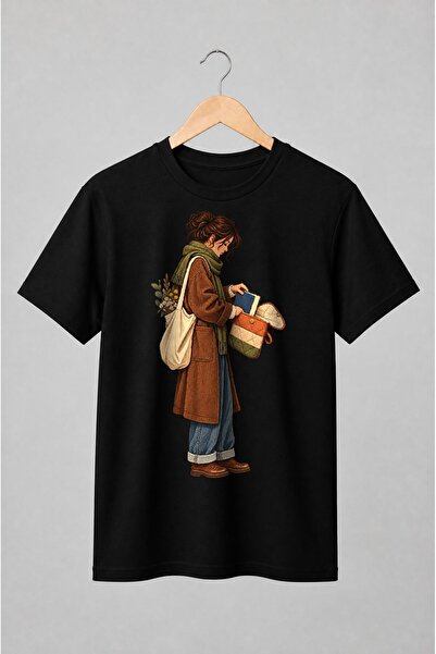Generic Brand Tricou unisex cu Femeie cu carte și flori uscate stil cottagecore
