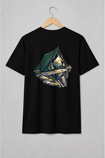 Generic Brand Tricou unisex cu Cort de camping cu munți stil vintage