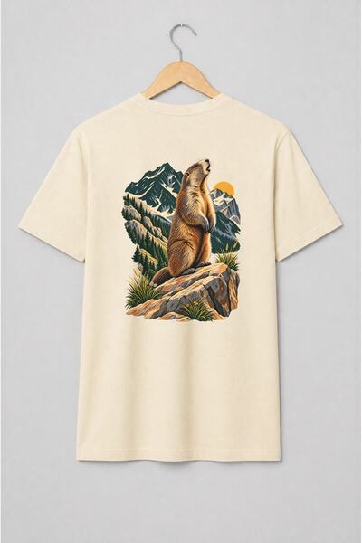 Generic Brand Tricou unisex cu Marmotă pe stâncă în peisaj montan vintage