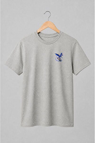 Generic Brand Tricou unisex cu Dragon albastru cu castel pixel art
