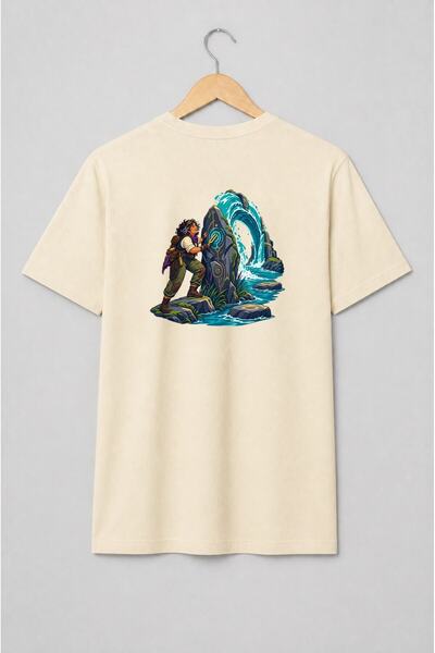 Generic Brand Tricou unisex cu Aventurieră fantasy lângă monolit și cascadă