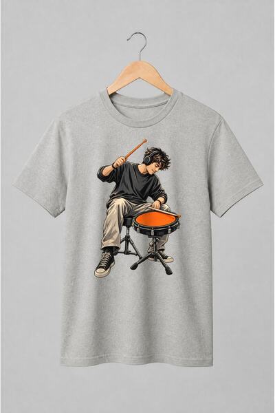 Generic Brand Tricou unisex cu Baterist cu căști și tobă ilustrație muzicală
