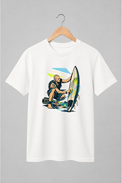 Generic Brand Tricou unisex cu Surfer cu placă de surf în stil retro